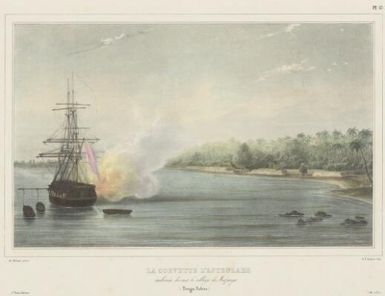 La corvette l'Astrolabe embossée devant le village de Mafanga, Tonga-Tabou / de Sainson pinxt.; A. St. Aulaire lith