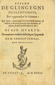 Essame de gl'ingegni de gli hvomini, per apprender le scienze: nel quale, scoprendosi la varietà delle nature, si mostra, a che professione sia atto ciascuno