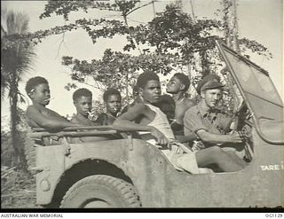 AITAPE, NORTH EAST NEW GUINEA. C. 1944-06. RIDING IN A JEEP IS A TREAT FOR NEW GUINEA NATIVES. THESE MEN, WHO WERE UNDER JAPANESE DOMINATION, ARE BEING GIVEN A RIDE BY LEADING AIRCRAFTMAN R. G. LEE ..