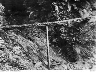 1943-08-19. NEW GUINEA. MOUNT TAMBU. LT. STAN CONDON, OF MUDGEE, N.S.W. WALKING BACK FROM THE FRONT LINE AT MOUNT TAMBU, TO AN ADVANCED DRESSING STATION AFTER HE HAD BEEN WOUNDED IN THE FIGHTING ..