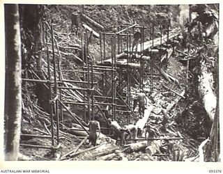 BARGES HILL, CENTRAL BOUGAINVILLE, 1945-06-26. THE FUNICULAR RAILWAY IS BEING CONSTRUCTED BY 23 FIELD COMPANY, ROYAL AUSTRALIAN ENGINEERS, TO CARRY EQUIPMENT UP OVER THE HILL. SHOWN IS THE TUBULAR ..