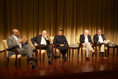 A Path to Equality: The Impact of the Civil Rights Acts of the 1960s; from left to right: Michael Steele, former Chairman of the Republican National Committee and Lieutenant Governor of Maryland; Jim Jones, former Chief of Staff to President Johnson, Congressman, and Ambassador to Mexico; Carol Moseley Braun, former Senator and Ambassador to New Zealand and Samoa; Charles Ferris, former Chairman of the FCC; and moderator Todd Purdum, writer at Politico