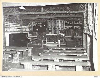 RABAUL, NEW BRITAIN. 1945-10-30. THE INTERIOR OF THE PROTESTANT CHAPEL AT HEADQUARTERS 11 DIVISION. THIS BUILDING WAS ENTIRELY CONSTRUCTED BY JAPANESE WORKING PARTIES