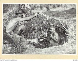 PORT MORESBY, PAPUA. 1942-07. AUSTRALIAN SOLDIERS GUARDING A STRATEGIC POINT IN NEW GUINEA CHECK UP ON THEIR MACHINE GUN AND CAMOUFLAGE