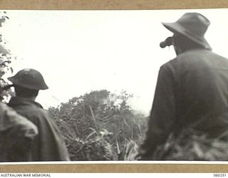 FARIA RIVER AREA, NEW GUINEA. 1943-11-07. TROOPS OF THE 2/4TH AUSTRALIAN FIELD REGIMENT OBSERVING THEIR ARTILLERY FIRE ON JAPANESE POSITIONS ON SHAGGY RIDGE. A BATTERY OF THE REGIMENT FIRED 156 ..