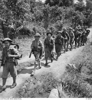 1942-12-16. PAPUA. GONA. AUSTRALIANS MARCH INTO THE FRONT LINE. THEY ARE PROBABLY OF THE 55/53RD BATTALION. (NEGATIVE BY G. SILK)