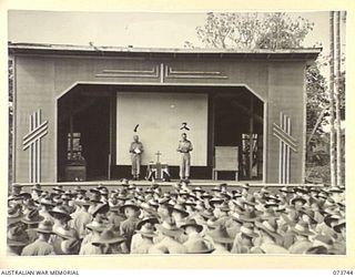 LAE, NEW GUINEA. 1944-06-07. THE CONGREGATION AT A SPECIAL SERVICE HELD FOR THE INVASION OF FRANCE AT THE NEW GUINEA FORCE CINEMA, HEADQUARTERS NEW GUINEA FORCE. IDENTIFIED PERSONNEL ARE:- NX156703 ..