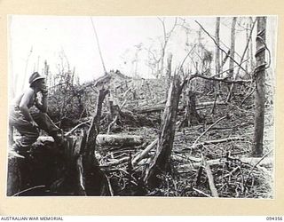 ULUNKOHOITU, NEW GUINEA, 1945-07-18. PTE N.K. GUEST, 8 PLATOON, A COMPANY, 2/6 INFANTRY BATTALION, SURVEYING DEVASTATION CAUSED BY BEAUFORT AIRCRAFT WHICH ALLOWED THE PLATOON TO TAKE THE RIDGE ..