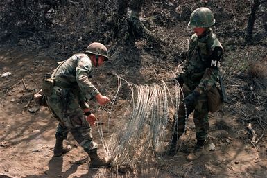 Members of the 25th Military Police Company lay down concertina wire near the Pohakuloa Training Area during Exercise OPPORTUNE JOURNEY 4-84