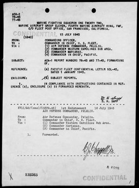 VMF-122 - ACA Reps Nos 76-77-Air opers against the Palau Islands on 7/14/45