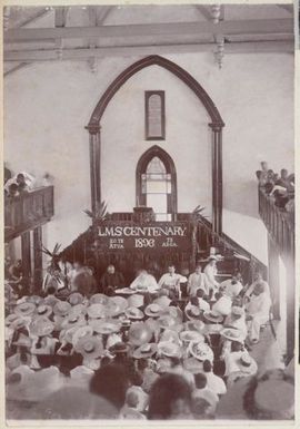 Church Interior and congregation, London Missionary Society Centenary 1896. From the album: Cook Islands