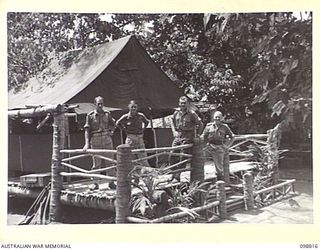 RATAVAL, NEW BRITAIN. 1945-11-17. OFFICERS OF 2/4 ARMOURED REGIMENT, ON THE VERANDAH OF THEIR HUT