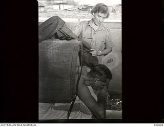 Lae, New Guinea. 1944-08-02. Lieutenant D. F. Kay, Physiotherapist, treating a patient with radiant heat at 2/7th Australian General Hospital