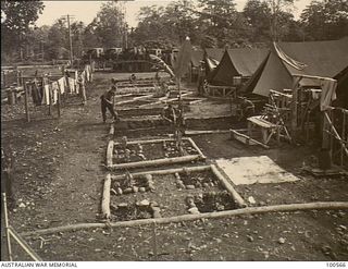 Lae, New Guinea. 1944-06-30. A section of the Other Ranks tent lines at HQ, New Guinea Force, showing the garden beds with clothes line to the left