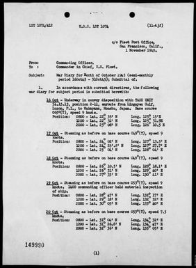 USS LST-1074 - ACA Report #60 - Bombing bridges at Ngatpang, Babelthuap Island, Palau Islands, 4/8/45