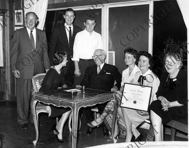 Former President Truman visiting the Edwin Pauley home with family and friends