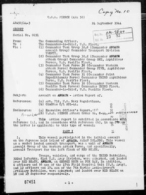 USS PIERCE - Rep of Ops, 9/15-23/44, Landings on Angaur Is, Palau Is
