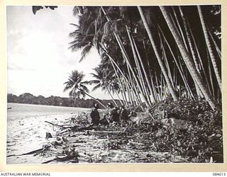 SIROT ISLAND, JOINING GREEN ISLAND, BOUGAINVILLE AREA, SOLOMON ISLANDS. 1944-12-20. D COY, 27 INFANTRY BATTALION TROOPS IN ACTION WITH A VICKERS MACHINE GUN DURING AMPHIBIOUS TRAINING EXERCISES IN ..