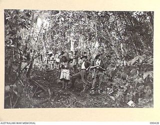 DAGUA AREA, NEW GUINEA. 1945-04-04. A NATIVE FOOD LINE, ESCORTED BY 2/3 INFANTRY BATTALION TROOPS, COMMENCING THE LONG AND TEDIOUS CLIMB OVER "1410" FEATURE AS THEY MOVE SUPPLIES TO FORWARD TROOPS ..