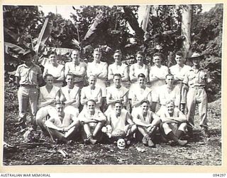 LAE AREA, NEW GUINEA. 1945-07-17. THE AUSTRALIAN RULES TEAM OF 2/7 INFANTRY BRIGADE WORKSHOP. (FOR IDENTIFICATION OF 20 NAMED PERSONNEL REFER TO PROVISIONAL CAPTION OR NAME INDEX.)