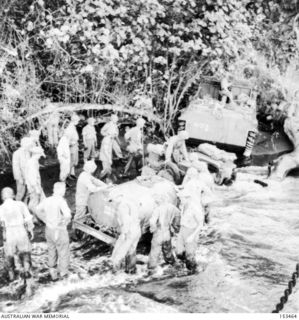 Cape Gloucester, New Britain. December 1943. Vehicles landing on the swampy foreshore of Cape Gloucester after the establishment of a beach-head by United States Marines