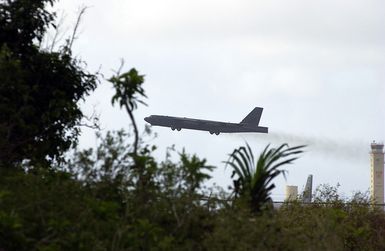 A US Air Force (USAF) B-52H Stratofortress aircraft takes off at Andersen Air Force Base (AFB), Guam, in support of Operation ENDURING FREEDOM