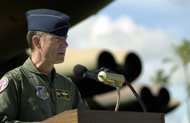 U.S. Air Force COL. P.K. White, Commander, 36th Air Base, Wing, speaks to service men and woman, and Guamanian veterans at a dedication ceremony in memory of National POW/MIA Day at the Arch Light Memorial, Andersen Air Force Base, Guam, on Sept. 14, 2004.(U.S. Air Force PHOTO by STAFF SGT. Bennie J. Davis III) (RELEASED)