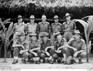 ALEXISHAFEN NORTH, NEW GUINEA, 1944-08-30. OFFICERS OF HEADQUARTERS, 8TH INFANTRY BRIGADE. IDENTIFIED PERSONNEL ARE:- NX108446 CAPTAIN J.W. BOYDEN (1); NX121848 LIEUTENANT E.A. BEATTIE (2); ..