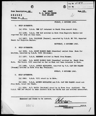 COM NAV FOR, FIJI IS - War Diary, 10/1-31/43