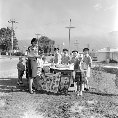 Junior Red Cross cadets; sales table, Clouston Park Road; Western Samoa relief fund.