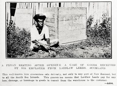 A Fijian resting after opening a case of goods received by his employer from Laidlaw Leeds, Auckland