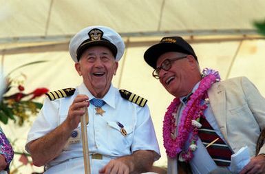 Medal of Honor winner CAPT Donald K. Ross, USN (ret.), who was engineering officer aboard the USS NEVADA (BB-36) on the day of the attack on Pearl Harbor, and CAPT Joseph K. Taussig Jr., USN (ret.), who was awarded the Navy Cross for heroism, reminisce during Survivor's Day ceremonies. The event honors the sailors and Marines of the battleships that were sunk or damaged in the Dec. 7, 1941, bombing