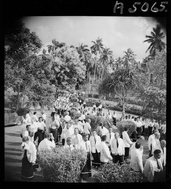 Samoan group in the grounds of the United Nations Mission headquarters, Apia, Samoa - Photograph taken by E S Andrews