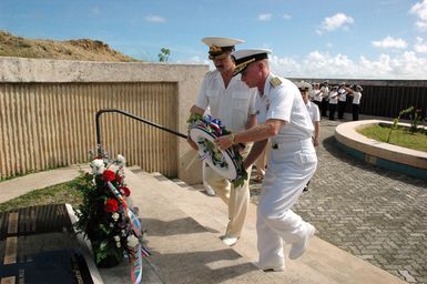 CHIEF of STAFF (CS) and First Deputy Commander of Russian Federated Navy (RFN) Pacific Fleet, Vice Admiral (VADM) Konstantin Sidenko and US Navy (USN) Commander of US Naval Forces Marianas (USNFM) Rear Admiral (RADM) (Upper Half) Joe Leidig place a wreath at the War in the Pacific National Historical Park, at Asan Bay, Guam (GU)
