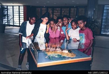 New Caledonia - Jean-Marie Tijbaou Cultural Centre - interior, Kanak children visitors