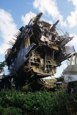 The carcass of a B-52D Stratofortress strategic bomber aircraft, one of three to be scrapped in accordance with the SALT II treaty between the United States and the Soviet Union