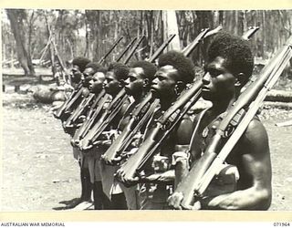 SONG RIVER AREA, NEW GUINEA. 1944-03-31. MEMBERS OF C COMPANY, PAPUAN INFANTRY BATTALION WITH RIFLES 'AT THE SLOPE' IN THEIR CAMP