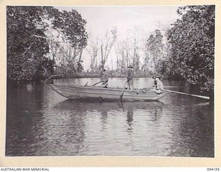 WEWAK AREA, NEW GUINEA. 1945-07-18. PERSONNEL OF B COMPANY, 2/1 INFANTRY BATTALION, IN THEIR FOLDING BOAT EQUIPMENT MOVING TO THEIR BEACH CAMP AFTER PATROLLING THE JUNGLE AT YARABOS