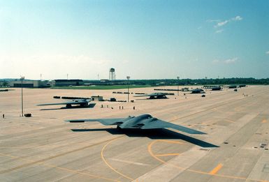 A B-2 Spirit Bomber aircraft nicknamed "The Spirit of Hawaii" taxies to get into formation at Whiteman AFB, Missouri during the Air Force Bases's first "Beast Walk" Exercise. "Beast Walk" is an exercise nuclear alert in which the bombers respond using quick engine start and taxi procedures