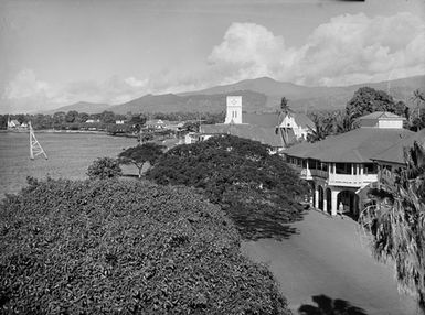 [High angle view of coastal waterfront buildings]