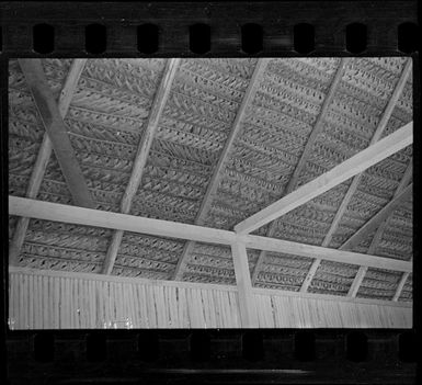 Inside view of a locals' hut roof made of weaved palm fronds, Rarotonga, Cook Islands