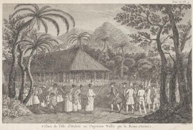 [Capt. Samuel Wallis of HMS Dolphin being received by the Queen of Otaheite, July 1767] / J. Hall sculp