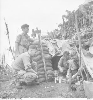 SHAGGY RIDGE, NEW GUINEA. 1944-01-20. FORWARD AID POST AND STRETCHER BEARERS OF THE 2/9TH INFANTRY BATTALION. SHOWN ARE: NX48721 CORPORAL C. BURGESS OF ANNANDALE, NSW (1); QX24494 PRIVATE (PTE) J. ..