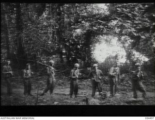 Mubo-Salamaua Area, New Guinea. 1943-07-22. Troops of the United States Army 162nd Infantry Regiment moving up to the front line