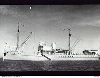 1941-06-12. PORT SIDE VIEW OF THE BRITISH CARGO VESSEL MV MULIAMA WHICH, WITH OTHER SMALL VESSELS, RAN A SHUTTLE SERVICE BETWEEN CAIRNS AND DARWIN FROM 1942-03 AND LATER SERVED IN NEW GUINEA ..