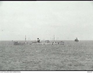 NAURU ISLAND. 1941-10-16. STARBOARD SIDE VIEW OF THE GREEK CARGO STEAMER ELI LIVANOS. (NAVAL HISTORICAL COLLECTION)