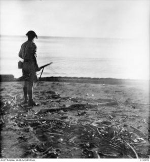 PAPUA. CAPE ENGAIDAIRE: WHEN THE FIRST LINE OF AUSTRALIAN INFANTRY PASSED OVER THEIR POSITIONS FOUR JAPANESE RACED INTO THE WATER. CALLED ON TO SURRENDER, THREE OF THEM STARTED TO SWIM OUT TO SEA ..