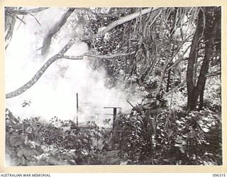 KAHILI, SOUTH BOUGAINVILLE. 1945-09-09. JAPANESE HUTS BURNING ON THE BEACH. THE BUIN LIAISON GROUP, 2 CORPS AND TROOPS OF THE SURRENDER COMMISSION NOW OCCUPY THE AREA