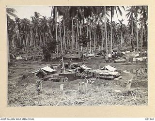 SORAKEN AREA, BOUGAINVILLE ISLAND. 1945-04-02. C TROOP, 11 BATTERY, 4 FIELD REGIMENT GUN POSITIONS AT THE ARTILLERY SITE ON SORAKEN PLANTATION