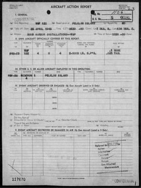 VMF-122 - ACA rep #60 - Bombing buildings in Yap Town, Yap Is, Carolines on 4/25/45
